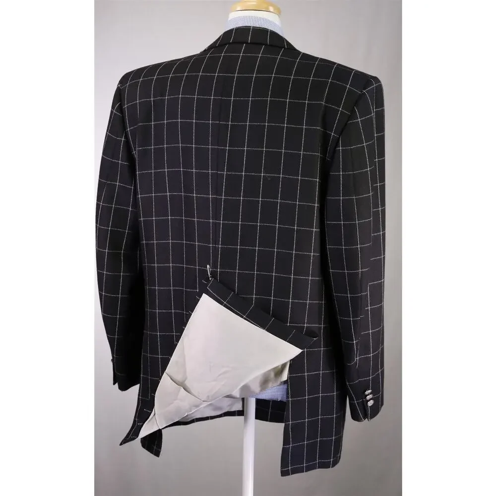 d'Avenza Roma Black Windowpane Wool Silk Double Breasted Blazer Jacket 44R